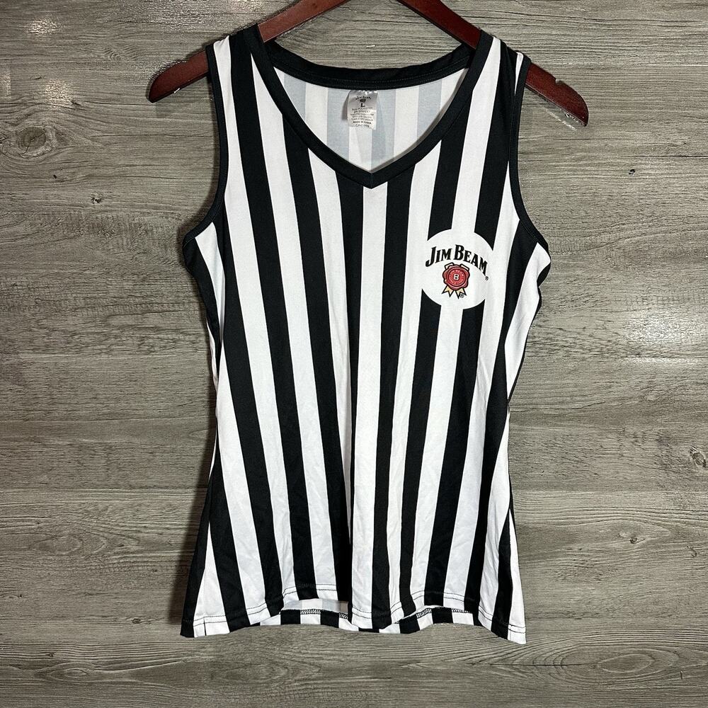 Jim Beam Striped Tank Top Womens Size Large Black & White Referee Drinking￼